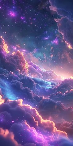 the sky is filled with purple and blue clouds, while stars shine in the distance