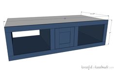 a blue entertainment center is shown with measurements for the top and bottom drawers on it