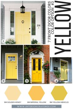 the yellow front door color scheme is shown in three different colors, including gray and yellow