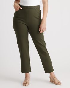 We heard your feedback and added pockets to our favorite ponte pants. Yes, it is the exact same pant, but with functional pockets. If dress pants and yoga pants had a kid - this would be it. The stretchy knit makes these pants equally appropriate for work or the couch.  | Quince | Women's Ultra-Stretch Ponte Straight Leg 4-Pocket Pants in Olive, Size Small, Rayon Ponte Pant, Silk Pajamas Shorts, Professional Pants, Silk Tee, Leather Jacket With Hood, Yes It Is, Fun Pants, Ponte Pants, Bootcut Pants