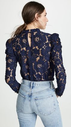 WAYF Emma Puff Sleeve Lace Top | SHOPBOP Womens Lace Tops, Office Casual Outfit, Fashion Tops Blouse, Office Outfit, Straight Crop Jeans, Guipure Lace, Lace Dresses, Navy Lace, Casual Office