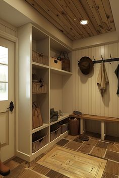 a wooden bench sitting in the middle of a room next to a coat rack filled with purses