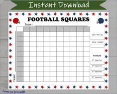 a printable football squares game with stars and helmets on the side, in red white and blue