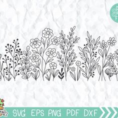 flowers and plants are drawn on paper with the words svg epsng dxf