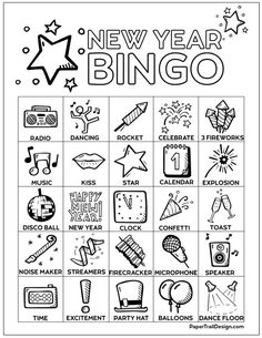 a new year's eve bingo game with symbols and numbers for each player to play