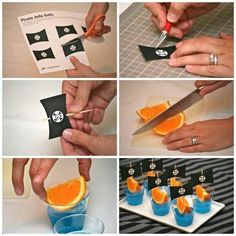 orange slices being cut into small pieces with scissors and cutting them in half to make a pirate flag