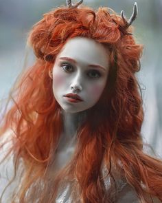 a woman with long red hair and horns on her head