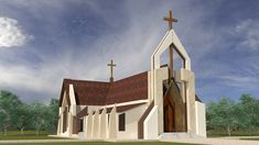 an artist's rendering of a church with a cross on the roof