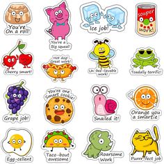 various stickers with different types of food