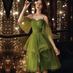 Lady Layered Mesh Dress Lolita Fairy Princess Party Prom Ball Evening Gown Green Homecoming Dress, Tulle Slip Dress, Green Homecoming Dresses, Maxi Dress Summer, Graduation Gown, Green Tulle, Short Layers, Short Party Dress, Evening Dresses Plus Size