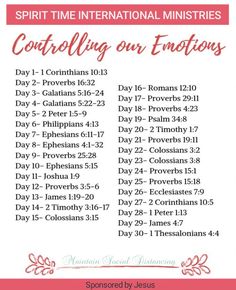 a pink and white poster with the words, god's time international minutes controlling our emotions