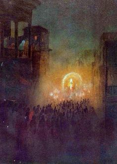 a painting of people standing in front of a crowd at a concert with lights on