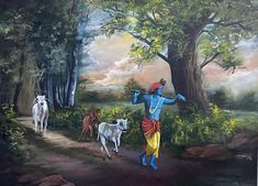 a painting of a man walking down a path surrounded by animals