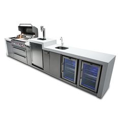 an outdoor kitchen with double ovens and sink on the side, in front of a white background