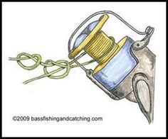 a drawing of a fishing reel and spool with yellow thread attached to the end