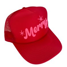 Merry Trucker Hat Spreading the Holiday Cheer! This his or hers trucker is part of our Holiday Collection. Cute and perfect for all your Holiday events. So light, medium profile and a perfect addition to your growing hat collection. 5 Panel Foam Mesh Back Trucker, Pro Style Adult Sizing 100% Poly Foam Front, 100% Nylon Back Red Trucker Hat 5-panel, Red Trucker Style 5-panel Baseball Cap, Red Trucker 5-panel Baseball Cap, Red 5-panel Trucker Baseball Cap, Red 5-panel Trucker Hat, Red Trucker Hat With Curved Brim, Red Trucker Hat With Flat Brim, Red Trucker Snapback Hat, Fun Red Trucker Hat