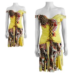 Vintage S/S 2004 Roberto Cavalli Dress Lemon yellow stretch silk fabric with bold abstract graphic + leopard animal print Gold glitter accents on fabric Deep v neckline Built in internal shelf bra Faux suede lace up detail down the front of the bodice - two hooks at the upper back so can also be tied to include those Wide shoulder straps - shown off shoulder as well if desired Fitted throughout Flared hem skirt Mini length Unlined and slightly semi sheer Slips on overhead Marked S, Measurements Vintage Roberto Cavalli, Animal Print Mini Dress, Roberto Cavalli Dress, Cavalli Dress, Corset Skirt, Corset Style Tops, Cocktail Dress Vintage, Abstract Graphic, Knitted Hood