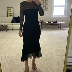 Nwot. In Perfect Condition. Completely See Through Black Lace Dress That Comes With Inner Black Dress. I Bought It At The Zara Store As Is, No Tag. Full Length Slip Is Also Black And V Neck Line In The Front. When I Was Trying On Somehow I Wore Wrong Way. Length 52”. Shoulder 12.5”. Sleeve 22.5”. Chest 14”. Stretchy But Still True To Size For Xs. 100% Polyester. No Trades Chic Lace Stretch Midi Dress, Fitted Midi Dress With Lace Trim For Night Out, Fitted Midi Length Dresses With Lace Trim, Party Midi Dress With Lace Trim, Fitted Midi Dress With Lace Trim, Night Out Midi Maxi Dress With Lace Trim, Lace Trim Midi Dress For Night Out, Fitted Knee-length Lace Dress For Date Night, Lace Midi Dress For Date Night