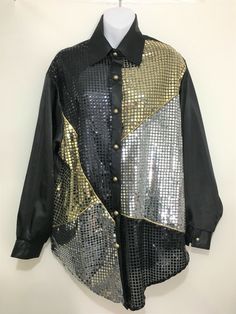 Silver Threads Womens M Black Satin Silver Gold Sequins Long-Sleeve Disco Shirt Black Party Shirt For Winter, Winter Party Black Shirt, Disco Style, Spooky Stuff, Disco Shirt, Gold Sequins, Halloween Spooky, Wonderful Things, Black Satin