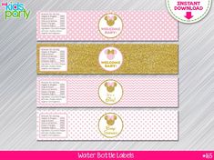 pink and gold minnie mouse water bottle labels