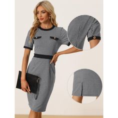 Step into the office or your next coffee shop meet-up with poise and style in the Allegra K Women's Plaid Houndstooth Dress. This chic bodycon dress features a striking black and white houndstooth pattern complemented by a bold color block design.

- **Pattern**: Houndstooth plaid
- **Sleeve Length**: Short sleeve
- **Color**: Black
- **Gender**: Female
- **Age Group**: Adult

Perfect for daily wear or professional settings, this dress pairs effortlessly with high heels and a sleek black handbag Elegant Fitted Plaid Dress With Short Sleeves, Black Plaid Dress For Work, Chic Houndstooth Plaid Dress For Work, Elegant Fitted Plaid Work Dress, Black Plaid Fitted Dress For Work, Black Fitted Plaid Dress For Work, Knee-length Houndstooth Office Dress, Knee-length Houndstooth Dress For Office, Chic Bodycon Dress