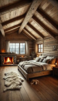 a bedroom with wood floors and a bed in the middle, along with a fireplace