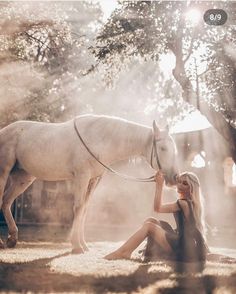 a woman sitting on the ground next to a white horse in front of a tree