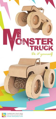 the monster truck paper toy is made out of cardboard and has wheels that are attached to it