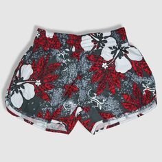 Speckled gray with red leaves and white hibiscus/plumeria/gecko pattern. Made of 100% microfiber polyester. Designed and shipped from Hawaii and made in Vietnam. Colors and fabric may vary from picture depending on cut. Red Printed Bottoms For Vacation, Summer Floral Print Red Bottoms, Red Printed Summer Bottoms, Red Floral Print Summer Bottoms, Red Floral Print Beach Bottoms, Red Floral Print Beach Shorts, Red Floral Print Bottoms For Beach Season, Gecko Pattern, White Hibiscus