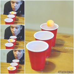 several shots of a man with an orange ball in his mouth and three red cups on the table