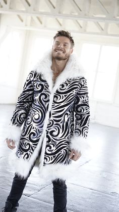 Winter Costume Blazer With Long Sleeves, Winter Costume Outerwear With Faux Fur Lining, Luxury Long Sleeve Costume Outerwear, Luxury Party Outerwear With Faux Fur Trim, Luxury White Party Outerwear, Faux Fur Coats Outfit, Mens Fur Coat, Burning Man Costume, Burning Man Fashion