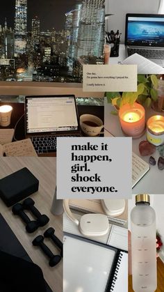 a collage of photos with candles, laptops and other things on the table