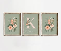 three framed art pieces with flowers and the letter k on them in pastel green