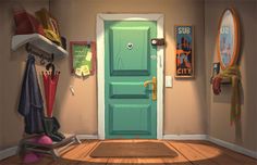 an animated image of a green door in a room with clothes hanging on the wall