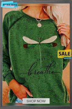 Letter Casual Floral-print Crew Neck Shirt & Tunic Top Casual Long Sleeve Tops With Plant Print, Casual Patterned Top With Plant Print, Casual Patterned Top With Fashion Print, Casual Green Tops With Plant Print, Spring Tops With Printing And Relaxed Fit, Spring Tops With Relaxed Fit And Printing, Casual Fall Tops With Plant Print, Green Tops With Plant Print For Fall, Green Crew Neck Top With Print