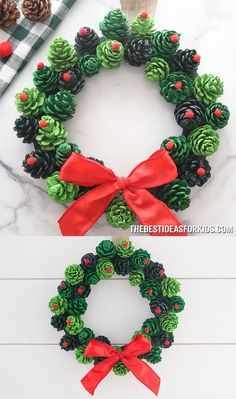 two christmas wreaths made out of pine cones with red bows and holly berries on them