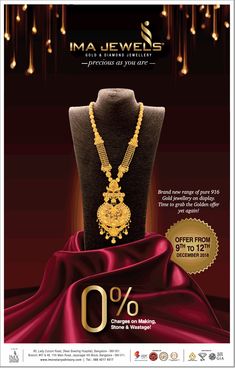 an advertisement for a jewelry store with gold necklaces on display in front of a mannequin