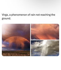 four different pictures with clouds and rainbows in the sky, one has rain coming from it