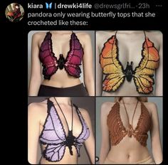 four different types of bras with crocheted butterfly wings on the front and back