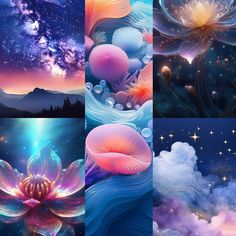 four different pictures with flowers and clouds in the night sky, one is an abstract painting