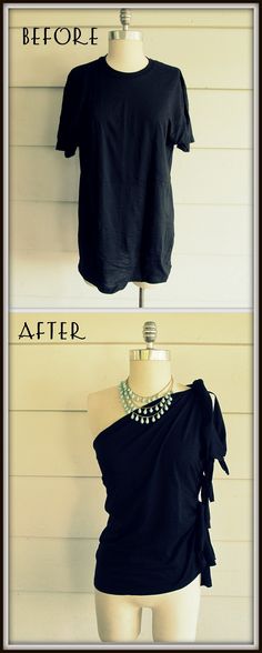 before and after photos of a black top with pearls on the neckline, worn by a mannequin