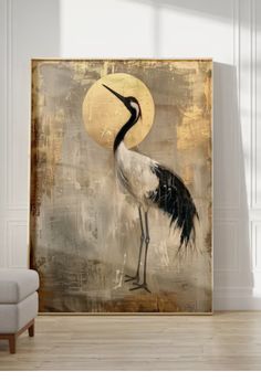 a large painting with a bird standing in front of it's moonlit background