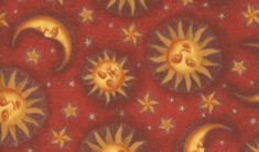 the sun and moon are depicted in this artistic pattern on red fabric with gold stars