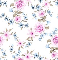 a white background with pink and blue flowers