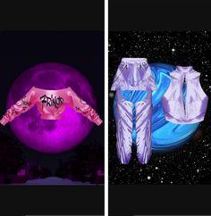 two different images of clothes in front of a purple moon and an image of the outer planets