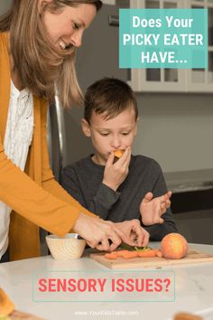 a woman helping a boy to eat food on a cutting board with the words, does your picky eater have?