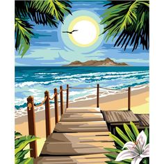 a painting of a beach scene with stairs leading to the ocean