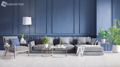 a living room with blue walls and grey couches in the center, potted plants on either side