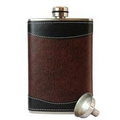 a brown leather flask with a black and white stripe on the side, is next to a stainless steel hip flask