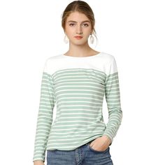 This contrast stripe T-shirt is a classic style for daily life. This piece is contrasted with a color block to fulfill your style statement from a boring all-over stripe top. It's cut from soft fabric that makes you feel comfortable day to night. These casual striped t-shirts match jeans, pants, skirts, or leggings freely, and they are perfect for daily wearing. Jeans Models, Round Neck Tees, Striped T Shirt, Casual Stripes, Basic T Shirt, Chic Woman, Striped Blouse, Woman Colour, Women Long Sleeve